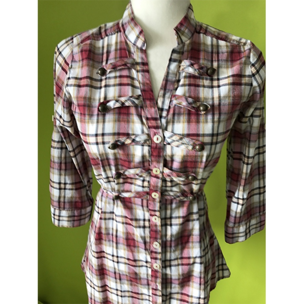 Street Flower Tie Waist Back Red Plaid Shirt Sz S